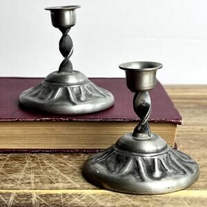 Vintage Miniature Pewter Candlestick Holders Set of 2 Norway 2.25" Tall Rustic